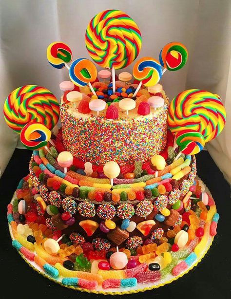 Candy land cake. Photo only Candy Covered Cake, Candy Land Cakes, Sweet Cake Ideas, Candy Land Cake Ideas, Candy Lovers Cake, Colorful Candy Cake, Candy Land Cake Design, Cake With Candy In The Middle, Candy Inspired Birthday Cake