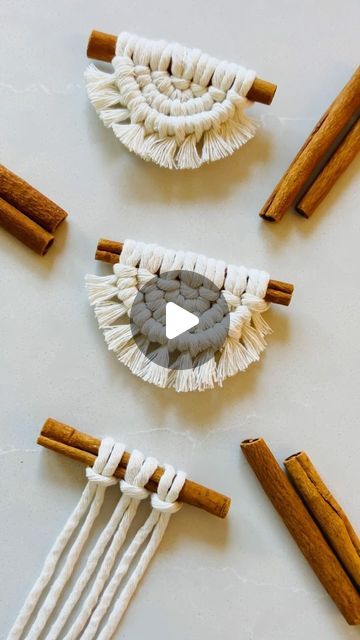 Interwoven Studio | Macrame on Instagram: "This is such a quick and easy macrame project.  This could be really cute hanging from your rear view mirror or it could also be an ornament for your Xmas tree.  Comment ‘mini’ and I’ll send you the tutorial.  xo Claudia  #macrame #minimacrame #halfmoonmacrame #learntomacrame" Christmas Tree Ornament Macrame, Macrame On Cinnamon Sticks, Mini Macrame Christmas Ornaments, Macrame Christmas Ornaments Cinnamon Stick, Macrame Cinnamon Ornaments, Macrame Tree Ornament Tutorial, Cinnamon Stick Macrame Ornament Diy, Cinnamon Stick Macrame Ornament, Christmas Ornament Macrame