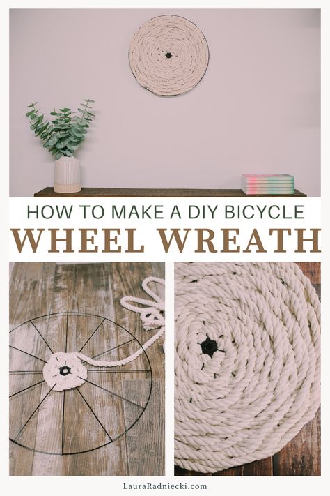 Learn how to make a DIY rope bicycle wheel wreath using white cotton rope and a wire bicycle wreath form from the Dollar Tree. Bicycle Wheel Wreath Ideas, Bicycle Wreath Ideas, Bicycle Wheel Wreath Diy, Wire Bicycle, Bicycle Wheel Wreath, Bicycle Wreath, Wheel Crafts, Wheel Wreath, Footprint Crafts