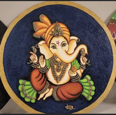 Ganesha Painting On Round Canvas, Ganesha Fabric Painting, Ganesh Fabric Painting, Ganpati Bappa Fabric Painting, Ganpati Fabric Painting, Ganpati Paintings Creative, Ganpati Bappa Painting, Ganapati Painting, Vinayagar Chathurthi