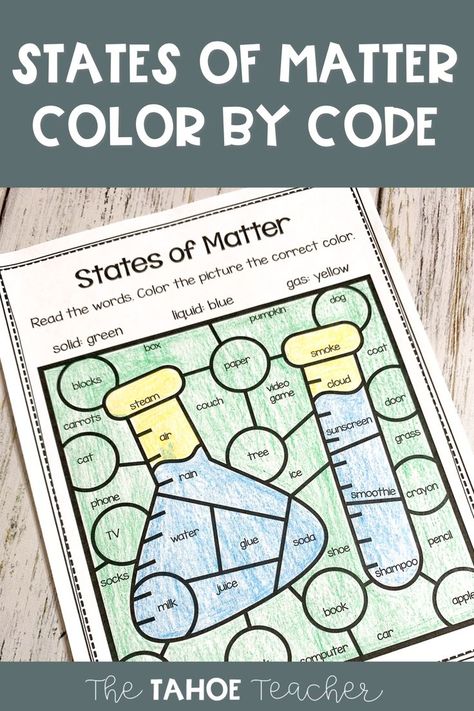 Assess your students' understanding of the different states of matter (solid, liquid, gass) with this easy to use science color by code. This is a perfect addition to your matter unit. States Of Matter 3rd Grade, Science Matter, Matter Unit, Matter Activities, Science Word Wall, Science Stations, Cloud Phone, Science Words, Science Notebook