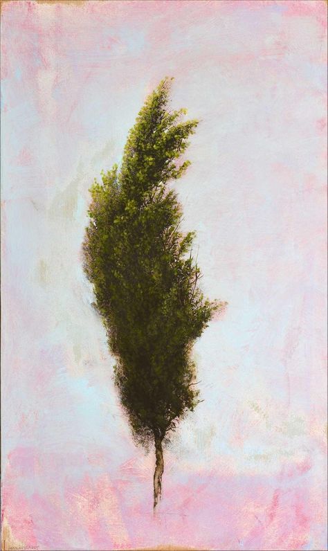 Robert Marchessault, 'Abbrugio', abstract realist cypress tree painting with pink, sky blue, green, 2018 Cypress Trees Drawing, Cypress Tree Painting, Cypress Tree Tattoo, Italy Tattoo, Tree Oil Painting, Greek Paintings, Oil Paint On Wood, Walls Art, Abstract Tree Painting