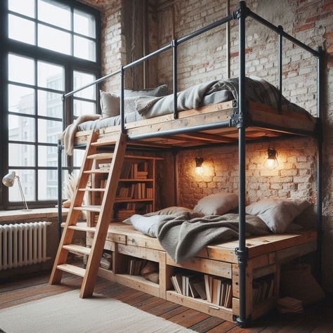 Loft Bed Ideas Minimalist Loft, Loft Bed Ideas, Loft Style Bedroom, Stylish Floor Lamp, Apartment Things, Small Bookshelf, Creative Storage Solutions, Creative Storage, Bedroom Loft