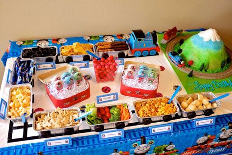 Anderson's 3rd Birthday Party! | CatchMyParty.com Train Themed Birthday Party, Thomas Train Birthday, Train Theme Birthday Party, Thomas Birthday Parties, Thomas The Train Birthday Party, Thomas The Train Party, Train Birthday Party, Thomas Birthday, Trains Birthday Party