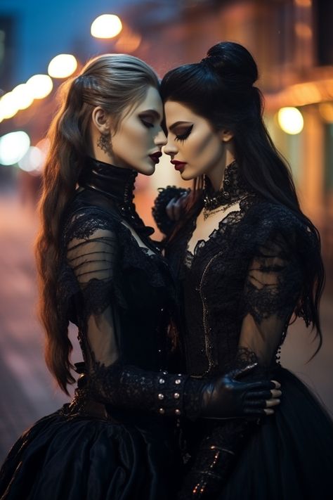 Gothic lesbian couple, AI Gothic Lesbian Wedding, Goth Lesbian Wedding, Goth Lesbian, Goth Photoshoot, Fairy Medieval, Lesbian Vampire, The Love I Want, Vampire Wedding, Wedding Memory Box