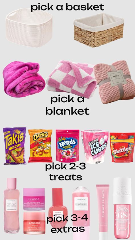 make pink themed gift basket Pinks Gifts, Pink Gift Basket Ideas Birthday, Pink Themed Gift Basket, Blue Themed Gift Baskets, Girly Gift Baskets, Pink Gift Basket Ideas, Bur Basket, Blue Gift Basket, Light Pink Birthday