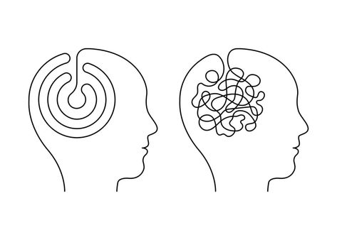 Head mind people with scheme and confused thinking brain, continuous line. Disorder, chaos, confusion and order, mental balance, calm in thoughts. Logic and creative thinking. Vector illustration Head Brain Illustration Art, Confusion Illustration, Calm Illustration, Mexican Thanksgiving, Nursing Art, Confused Mind, Think Logo, Brain Illustration, Mental Balance