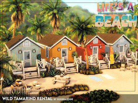 Sims 4 Beach Rental, Sims Beach House Ideas, Sims 4 Vacation Lots, Sims 4 Tartosa Beach, Sims 4 Venue Ideas, Sims 4 Beach Shack, Sims Beach Cc, Sims 4 Mobile Home, Sims 4 Vacation House