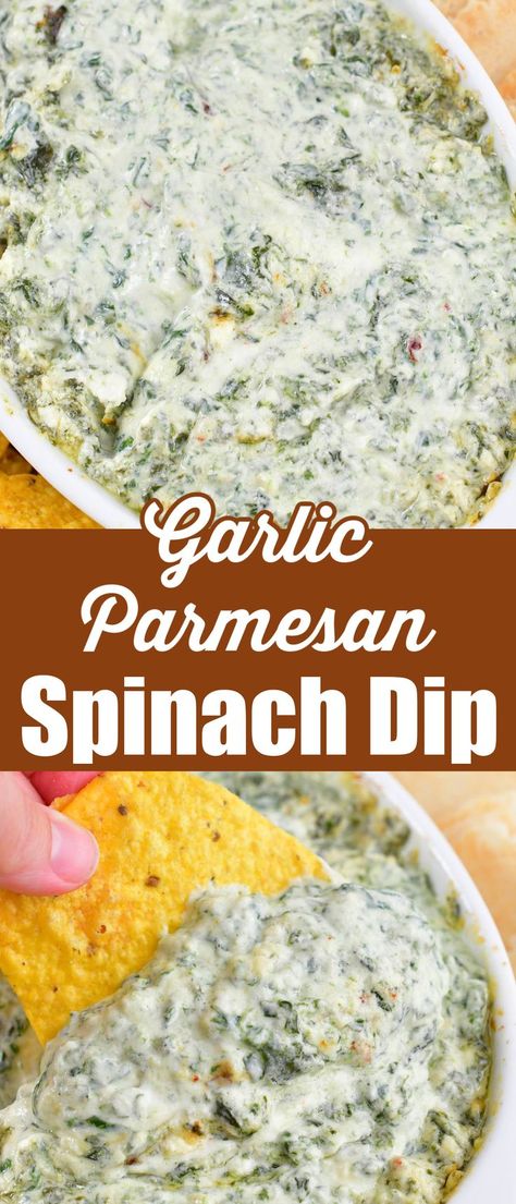 Garlic Parmesan Spinach Dip is a deliciously warm, cheesy dip that really highlights the garlic and parmesan flavors! It’s easy to make, completely addictive, and always a huge hit at parties. Creamy Garlic Parmesan Broccoli, Hot Cheesy Spinach Dip, Hot Dip Recipes Vegetarian, Campfire Spinach Dip, Garlic Spinach Dip, Parmesan Crusted Spinach Dip Longhorn, Fresh Spinach Dip Recipe, Mellow Mushroom Spinach Dip Recipe, Cheesy Garlic Dip