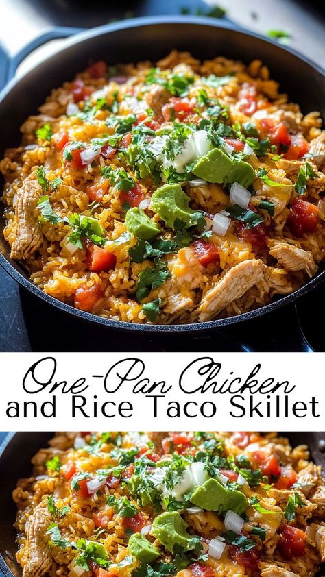 Simplify dinner with this one-pan chicken and rice taco skillet! Juicy chicken pieces are cooked with fluffy rice, taco spices, and savory toppings for a meal bursting with flavor. Perfect for fall recipes, this dish offers a quick, satisfying dinner option for busy weeknights. Add your favorite taco toppings for an extra kick of flavor. One Pan Chicken Tacos, Simple Hearty Dinners, Healthy Taco Skillet, Mexican Skillet Chicken, Tex Mex Dinner Ideas, One Pan Taco Rice Dinner, Stove Top Chicken Tacos, Easy Chicken Skillet Dinner, Fluffy Tacos