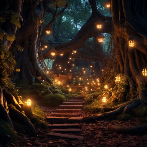 a densed fantasy forest with a trail of lamps and a goblin house, magical lights, glowing strings, uhd, hdr, 8k, hyper details, rich colors, photograph, Magical Woods Aesthetic, Fantasy Forest Room, Magical House Aesthetic, Fairy Lights Forest, Fantasy Forest House, Enchanted Forest House, Forest With Lights, Magical World Aesthetic, Light Fantasy Aesthetic