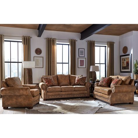 Curate the perfect sitting area with the bench-made, handcrafted artistry of this sofa bed, loveseat, and chair set. Southwest Decorating, Brown Fabric Sofa, Fireplace Redo, 3 Piece Living Room Set, Sofa And Loveseat Set, Farmhouse Decorating, Sofa Loveseat, Fabric Sofa Bed, Cabin Living