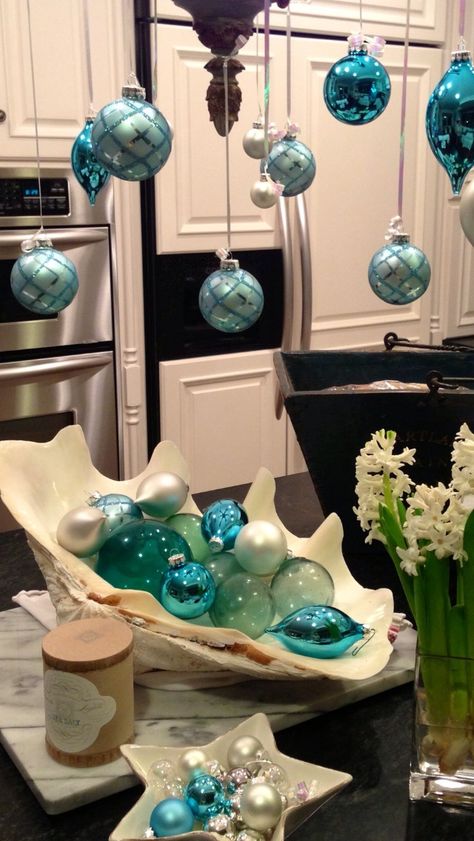 Christmas by the Sea Christmas Florida Decorations, Ocean Christmas Decor, Turquoise Christmas Decorations, Turquoise Christmas Decor, Ocean Christmas, Seaside Christmas, Blue Ornaments, Christmas Decorations Ideas, Teal Christmas