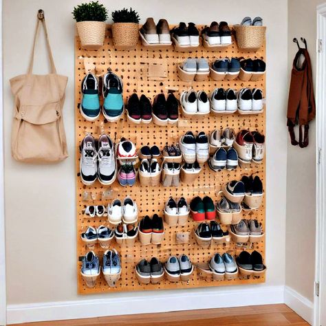 25 Entryway Shoe Storage Ideas to Stay Organized Shoe Rack Space Saving, Wall Hanging Shoe Storage, Pegboard Shoe Rack, Garage Shoe Organization, Creative Shoe Storage Ideas, Creative Shoe Storage, Shoes Storage Ideas, Shoe Organization Ideas, Entryway Shoe Storage Ideas