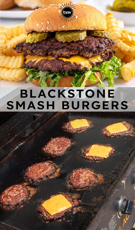 Hamburger On The Blackstone, Griddle Burgers Recipe, Blackstone Smashed Burgers, Blackstone Smash Burger Recipe Tortilla, Griddle Hamburger Recipes, Smashed Burgers On Blackstone, Traeger Griddle Recipes, Oven Smash Burgers, Blackstone Grill Smash Burgers