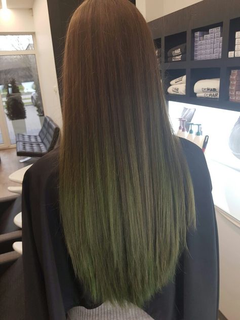 Dark green brown long hair balayage nr 002 Olive Green Highlights Hair, Dark Green Brown Hair, Olive Green Hair Color Highlights, Green Brown Hair Color, Ash Green Hair Color Highlights, Brown Long Hair Balayage, Light Brown And Green Hair, Matcha Haircolor, Green Highlights In Brown Hair