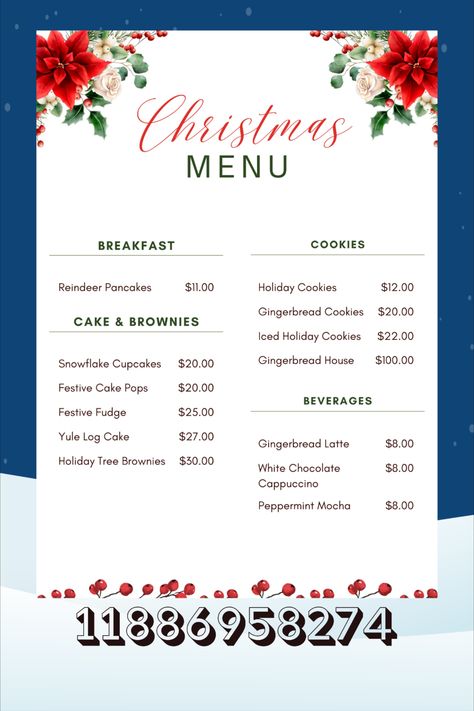 Requested by : @bestgymnast !!! Christmas food menu decals for the new 2022 christmas food on bloxburg! enjoy the menu decals! #roblox #bloxburg #bloxburgdecals #bloxburgmenu #decals #bloxburgchristmas #bloxburgchristmasmenu #bloxburgchristmasfood Bloxburg Christmas Menu Decals, Bloxburg Christmas Menu Codes, Bloxburg Food Menu Decals, Xmas Decals Bloxburg, Bloxburg Christmas Decals Codes Calendar, Christmas Cafe Bloxburg, Bloxburg Christmas Town Layout, Christmas Town Bloxburg, Bloxburg Menu Decals