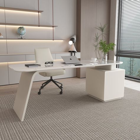 Orren Ellis Aleiah Executive Desk | Wayfair Sales Office Decor, Desk Office Aesthetic, Modern White Desk, Small Office Building, Compact Computer Desk, Office Brown, Dubai Office, Desk Brown, Modern Computer Desk