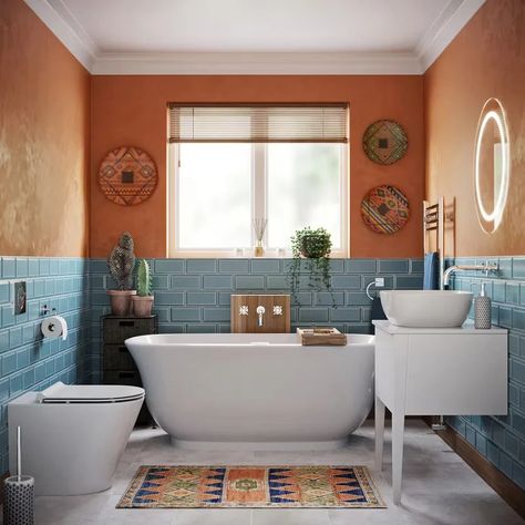 Bathroom Ideas Colourful, Colourful Small Bathroom, Small Bungalow Homes Interior, Bathroom Small Window, Bathroom Colourful, Colorful Small Bathroom, Bathroom Colour Ideas, Colourful Bathroom Ideas, Bathroom Ideas Colorful