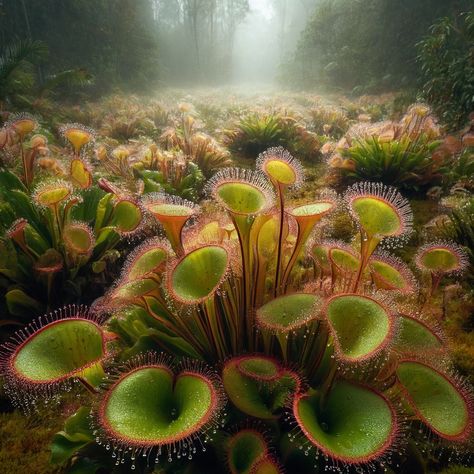 Step into a vast field filled with giant sundew plants, each as tall as a person. Their glistening leaves, covered in sticky, dew-like droplets, create a mesmerizing scene. These captivating plants showcase nature's incredible adaptability and beauty. #GiantSundews #NatureBeauty #BotanicalField #CarnivorousPlants #NatureLovers Carnivorous Plants Aesthetic, Plant Monsters, Floating Forest, Carnivore Plants, Zelda Aesthetic, Sundew Plant, Dangerous Plants, Deadly Plants, Plant Monster