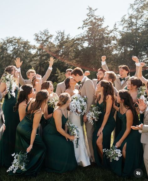 Dark Green And Brown Wedding Theme, Forest Green And Tan Wedding, Rustic Wedding Bridal Party, Green And Brown Wedding Party, Emerald Green And Brown Wedding, Neutral Forest Green Wedding, Dark Green Bridal Party, Brown Wedding Themes, Bridal Party Color Schemes