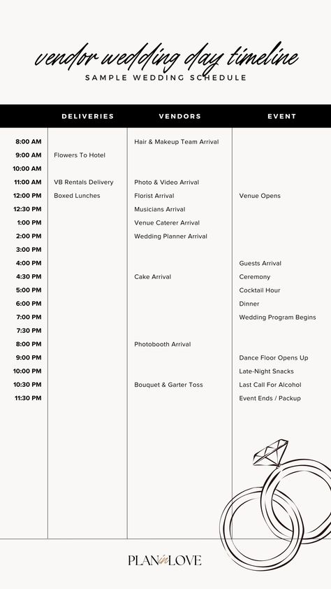 Coordinate with your wedding vendors for a seamless wedding day with our vendor wedding day timeline. Our guide includes a sample template and guide to help you create a timeline that works for everyone. Ensure your vendors are on the same page and make your wedding day stress-free. Learn more now! Wedding Vendor Timeline, Wedding Day Timeline For Bridal Party, Wedding Vendors List, How To Be A Wedding Coordinator, Wedding Vendor Tip Guide, Day Of Wedding Coordinator Duties, Waffley Wedded, Wedding Coordinator Duties, Wedding Binders