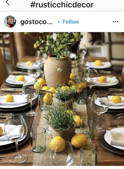 Tablescape Themes, Lemon Table Decor, Lemon Centerpieces, Italian Lunch, Italian Dinner Party, Italian Party, Italian Theme, Lunch Table, 21 Diner