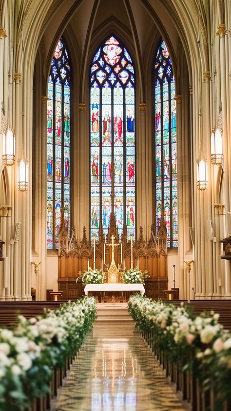 Serene #Church: Grand #spacious church #interior with stunning #stainedglass window and rows of #whiteflower decorations. #churchdesign #flowers #aiart #aiphoto #stockcake ⬇️ #Download and 📝 Prompt 👉 https://stockcake.com/i/serene-church-interior_277023_55489 Church Wedding Aesthetic, Church Decorations Wedding, Wedding Flowers Church, Wedding Churches, Pretty Church, Wedding Jokes, Wedding Venues Church, Church Aisle, Wedding Church Decor