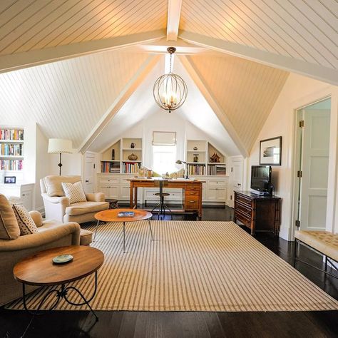 How to Make an Attic Apartment Even More Amazing Convert Attic Space Bonus Rooms, Garage Attic Apartment, Attic Office Ideas Sloped Ceiling, Attic Apartment Ideas, Small Attic Office, Attic Bonus Room Ideas, Attic Office Space, Attic Living Room Ideas, Attic Family Room