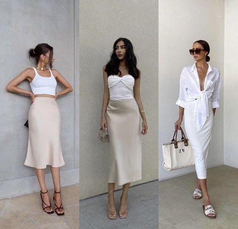 White Satin Skirt Outfit, Silk Midi Skirt Outfit, Cream Skirt Outfit, Satin Skirt Outfit Summer, Midi Skirt Outfits Summer, Slip Skirt Outfit, Silk Skirt Outfit, Satin Skirt Outfit, Skirt Outfit Summer