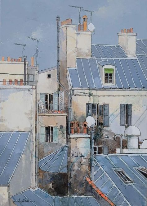 Julian Taylor (b. 1954). Paris rooftops. Solar Panel Roof Design, Parisian Painting, Paris Drawing, Paris Rooftops, Solar Panels Roof, Parisian Apartment, Shop Front Design, Paris Art, Paris Eiffel Tower