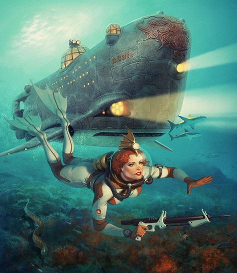 The Art Of Animation, Waldemar von Kozak   -  http://waldemarkazak.com... Art Emotions, Sea Artwork, Art Cyberpunk, 70s Sci Fi Art, Diesel Punk, Underwater Art, Sci Fi Comics, Leagues Under The Sea, Life Aquatic