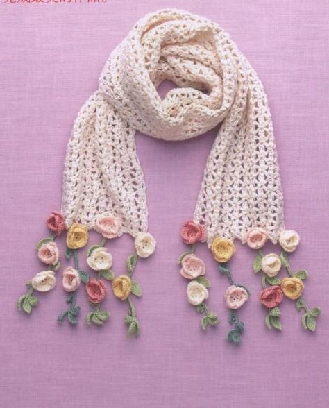 Crochet Flower Scarf, Crocheted Scarf, شال كروشيه, Fair Isles, Crochet Flower Tutorial, Scarf Crochet Pattern, Crochet Flower Patterns, Diy Crochet Projects, Crochet Edging