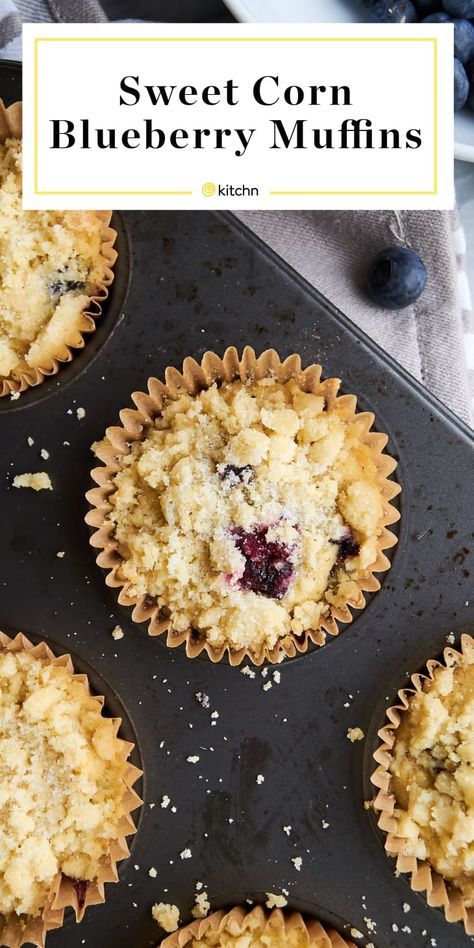 Sweet Corn Blueberry Muffins Pinterest pin Corn Blueberry Muffins, Blueberry Cornmeal Muffins, Blueberry Corn Muffins, Sweet Corn Muffins, Magic Cookie Bar Recipe, Cornmeal Muffins, Easy Monkey Bread, Blueberry Muffin Recipe, Cornbread Easy