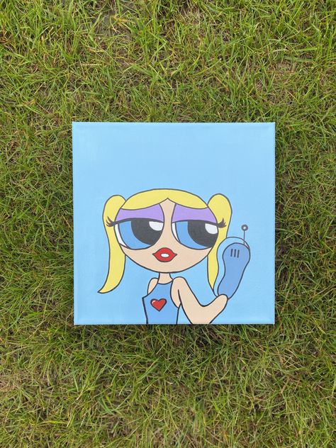 Bubbles Powerpuff Canvas Painting, Bubbles Powerpuff Painting, Powerpuff Painting, Sisters Painting, Bubbles Powerpuff, Power Puff Girls Bubbles, Character Board, Painting Aesthetic, Canvas Drawing