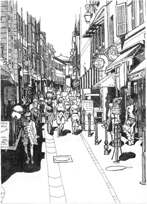 Street Pen Drawing, Perspective Drawing City Street, European City Drawing, City Ink Drawing, One Point Perspective Drawing Street, City Street Drawing, Abyss Aesthetic, Visual Art Projects, August Bullet Journal Cover