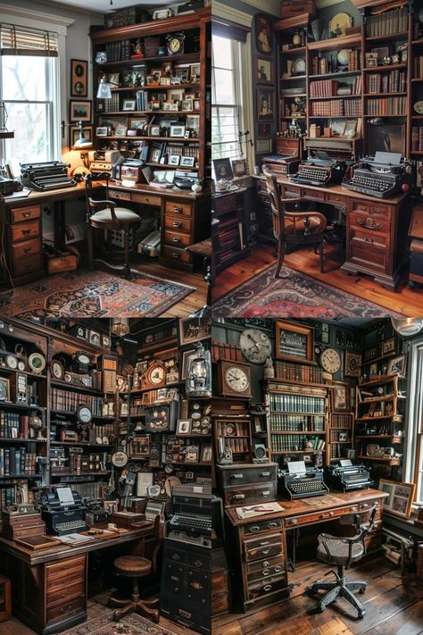 Vintage Office Design, Steampunk Interior Design, Steampunk Office, Dark Academia Room Ideas, Gothic Victorian House, Writer's Office, Victorian Office, Dark Academia Home, Antique Office