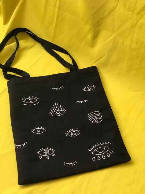 Black Bag Embroidery, Black Tote Bag Embroidery, Black Tote Bag Design Ideas, Evil Eye Bag, Embroidery Business, Minimal Bags, Totes Ideas, Organic Bag, Embroidered Tote Bag