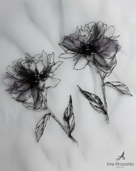 Fabric Flower Embroidery, Luxury Organza Fabric With Floral Embroidery, Dark Floral Embroidery, Anemone Flower Embroidery, 3d Flower Embroidery Couture, Black Embroidered Fabric With Intricate Details, Vintage Floral Shirt, Hand Embroidered Jewelry, Textiles Sketchbook