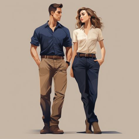 Male and female in blue Shirt and khaki pants Dark Blue Shirt, Cream Pants, Womens Chinos, Couple Picture, Couple Picture Poses, Pants Style, Men Fashion Casual Outfits, Color Shirt, Male And Female