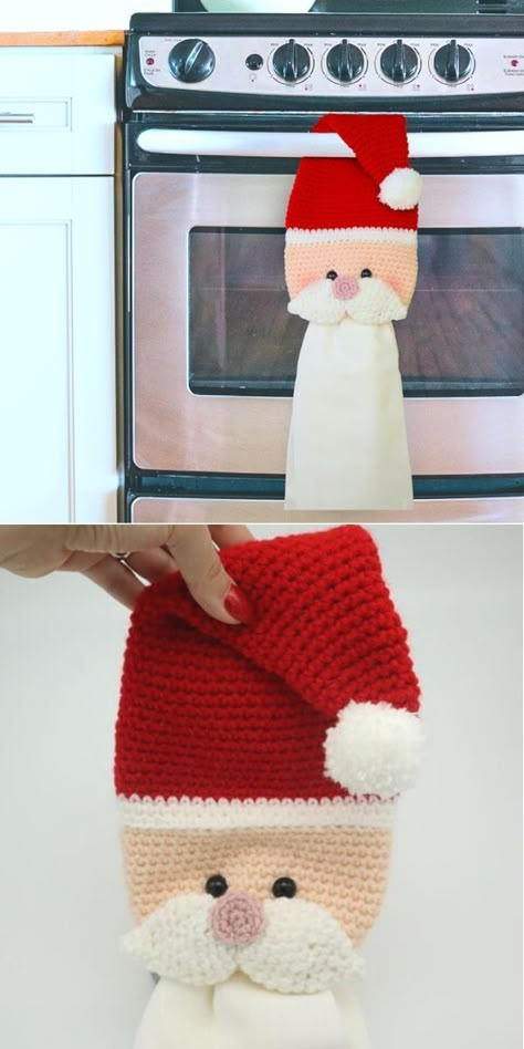 Christmas Tree Amigurumi Ideas and More. This adorable Santa towel topper in the pictures below was made by StringyDingDing and it's the cutest piece you can add to your kitchen to make it ready for upcoming Holidays! What's more, it's going to be a fantastic gift idea, so make sure to start in advance!  #freecrochetpattern #towel #christmas Crochet Santa Towel Topper, Crochet Christmas Towel Holder, Christmas Crochet Towel Topper, Crochet Gnome Towel Topper Free Pattern, Crochet Thread Projects Size 10, Towel Toppers Crochet, Crochet Tree Topper, Christmas Crochet Projects, Christmas Tree Amigurumi