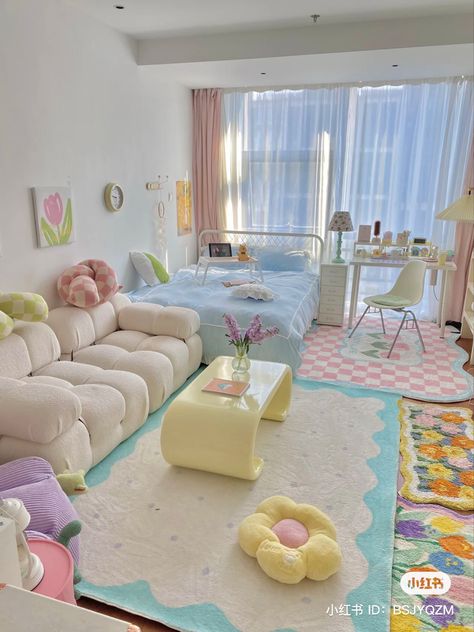 Pretty Wallpapers Bedrooms, Cute Room Interior, Kawaii Studio Apartment, Cute Cozy Living Room, Pastel Studio Apartment, Cute Bedroom Furniture, Kawaii Interior Design, Kawaii Home, Barang Aesthetic