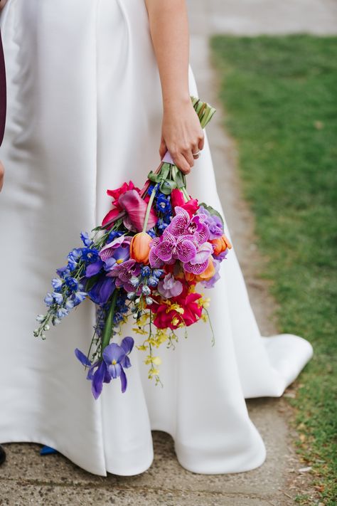 A bright and colourful bridal bouquet made by Anatomy of Flowers for a wedding. Vivid Wedding Flowers, Bright And Colourful Bridal Bouquet, Wedding Bouquets Bride Colorful, Bright Colour Wedding Bouquet, Rainbow Bridal Bouquet, Bright Wedding Flowers Bouquet, Bright Summer Wedding Bouquets, Bright Spring Wedding Flowers, Wedding Bouquet Colourful