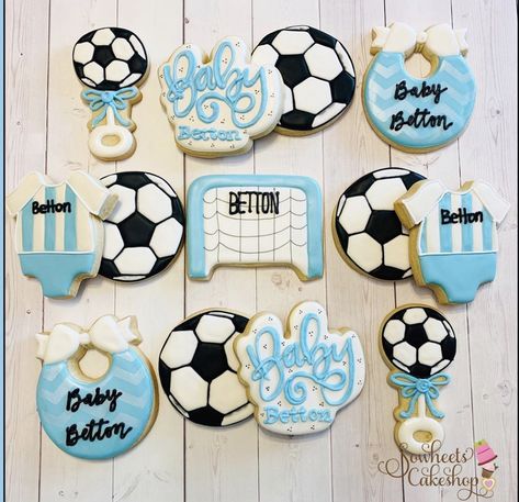 Baby Boy Soccer, Soccer Baby Showers, Soccer Cookies, Baby Boy Cookies, Baby Fan, Soccer Baby, Daisy Baby Shower, Football Baby Shower, Sports Baby Shower