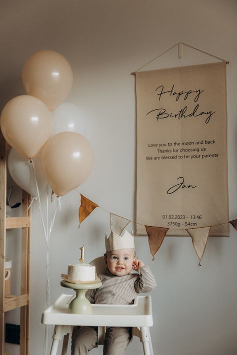 Personalized Birthday Banner Canvas Birthday Boho Wall Art - Etsy 1st Birthday Photo Decorations, Easy 1st Birthday Backdrop, Dream First Birthday Party, Cozy First Birthday, Baby 1st Birthday Decorations, Neutral First Birthday, Minimal First Birthday Party, Simple 1st Birthday Photoshoot, Baby First Birthday Photo Shoot