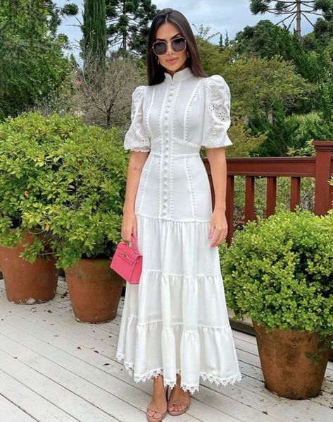 Cute Dresses Hijab, Summer European Dresses, Romantic Modest Outfit, Cold Dress Outfit, Simple Spring Outfits Casual, Modest Dresses Casual Classy, Lace Long Dresses, White Prom, Short Puff Sleeve