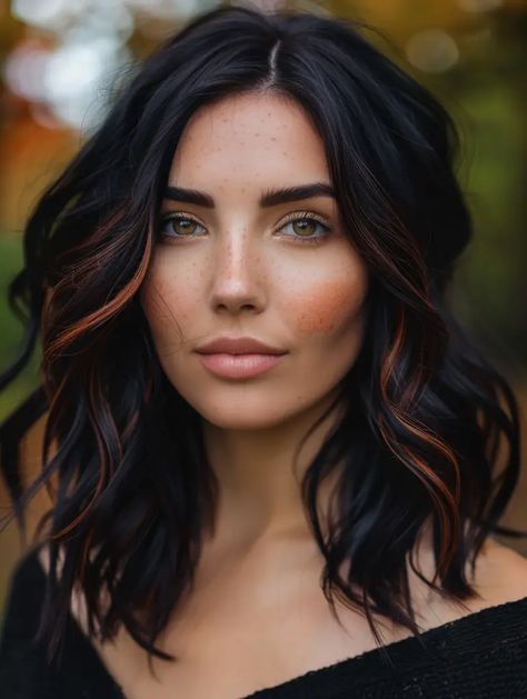 Fall 2024 Brown Hair Trends, Medium Hairstyle Women Dark Hair, Medium Hair Colors Ideas, Tan With Dark Hair, Dark Fall Hair With Dimension, Balayage For Dark Brown Hair Bangs, How To Hide Grays In Dark Hair With Highlights, Black To Brown Balayage Medium, Dark Hair With Strawberry Highlights