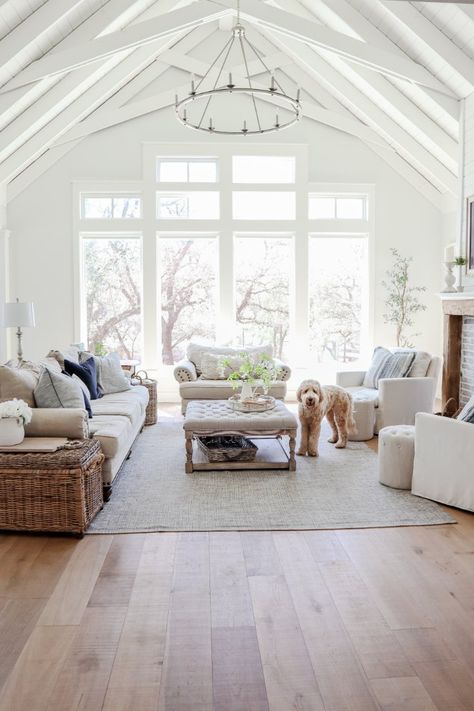 A Frame Windows Living Room, Family Room Ceiling Ideas, Floor To Ceiling Windows Living Room, Wall Of Windows Living Room, Shiplap Ceiling With Beams, Frame Tv Over Fireplace, Farmhouse New Build, Living Room High Ceilings, Great Room Windows