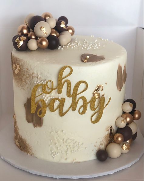 Taupe, brown and gold baby cake Baby Shower Cake Neutral Colors, Brown And Gold Cake, Chocolate Baby Shower Cake, Gold Baby Shower Cake, Gold And White Cake, Baby Shower Cakes Neutral, Pink Baby Shower Cake, 37th Birthday, Chocolate Cake Designs