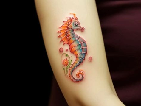 Sea Turtle And Seahorse Tattoo, Male Seahorse Tattoo, Colorful Seahorse Tattoo, Small Ocean Tattoos For Women, Twister Tattoo, Seahorse Tattoos For Women, Small Seahorse Tattoo, Sea Horse Tattoos, Seahorse Tattoo Design